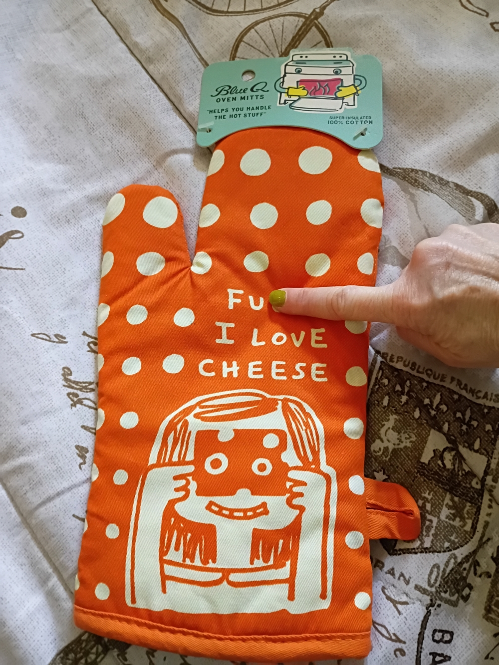 Blue Q Orange Polka Dot Oven Mitt - "F... I Love Cheese"